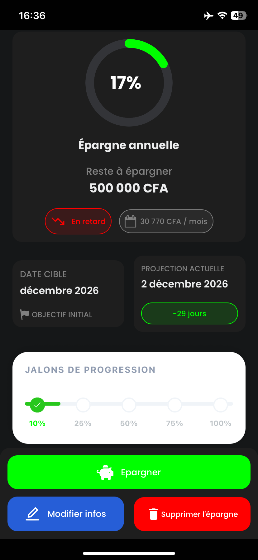 Écran Épargne Sika App