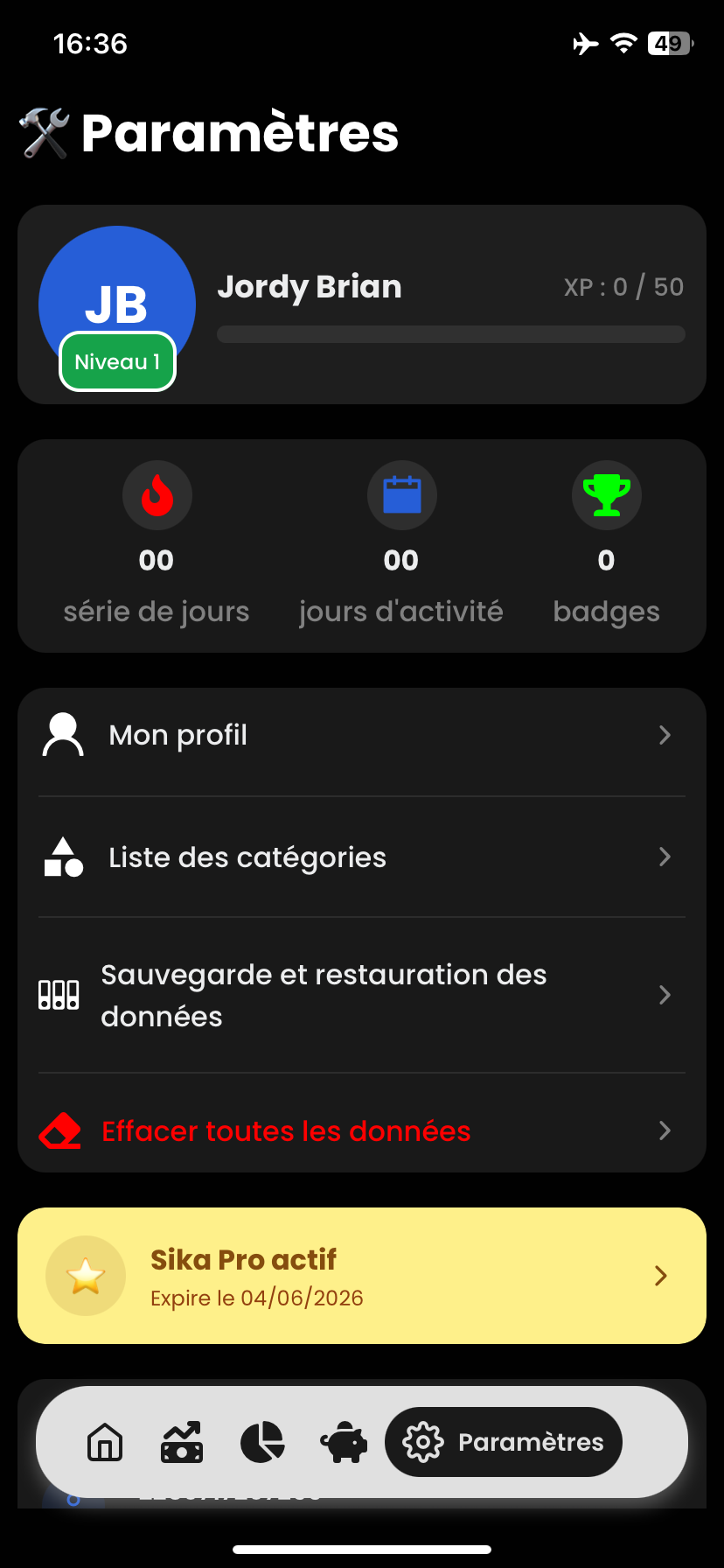 Écran Paramètres Sika App